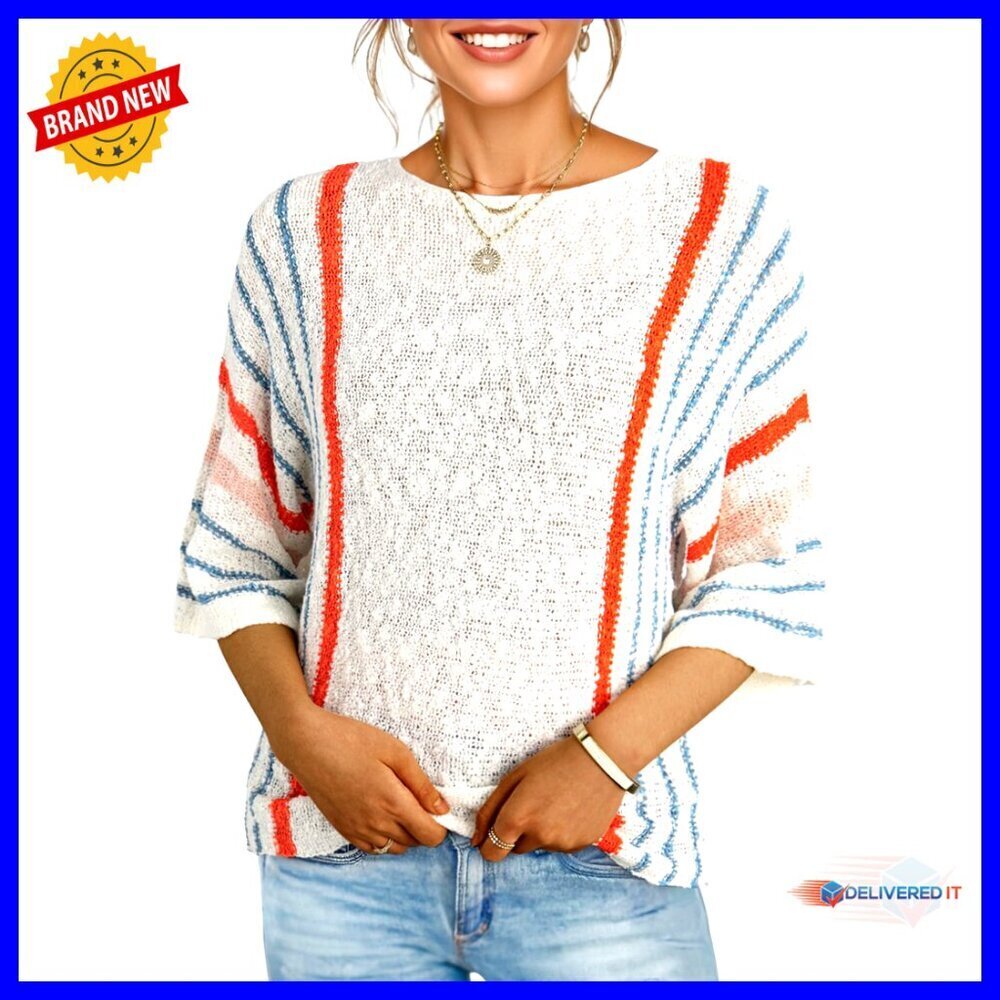 Lightweight Knit Pullover Sweater 3/4 Sleeve Crewneck Boho Chic Casual Top